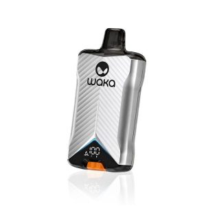 Waka brand pod vape device standing upright with a white textured body, black mouthpiece, and a small digital display at the base showing numbers.