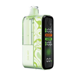 Mint-green pod vape with a translucent cartridge and patterned body; features a black display panel showing battery and mode indicators (Boost, Norm). Includes 'Cool Mint' label on the side.