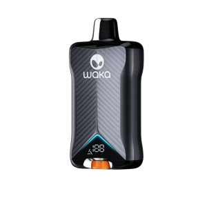 Waka vaping device with a carbon-fiber patterned gray body, black top, orange mouthpiece, and a digital display at the base.